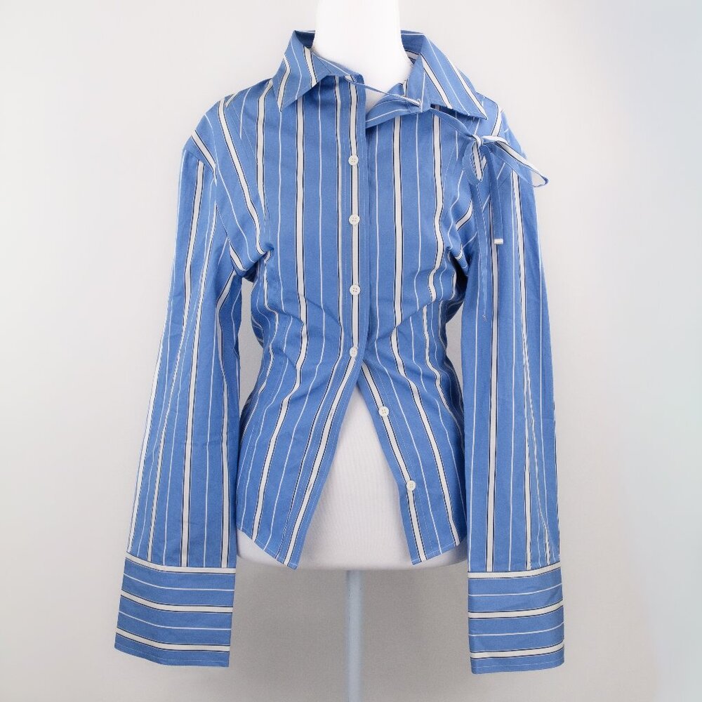 Jacquemus Ruben Striped Necktie Collared Shirt, Light Blue, Size FR 32 (US 0)